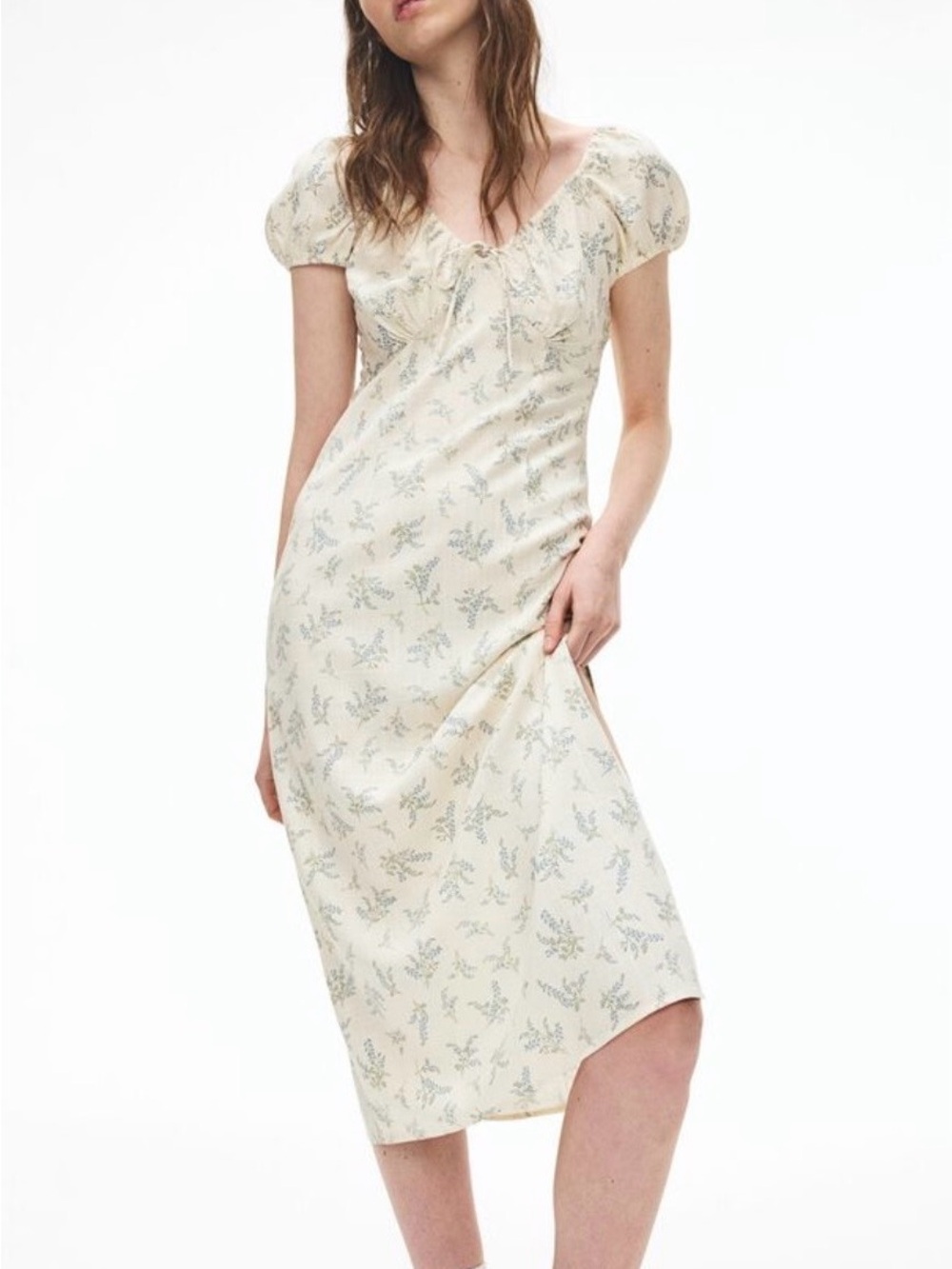 Linen blend Floral print Midi Dress with Puff Sleeves costal sz xs